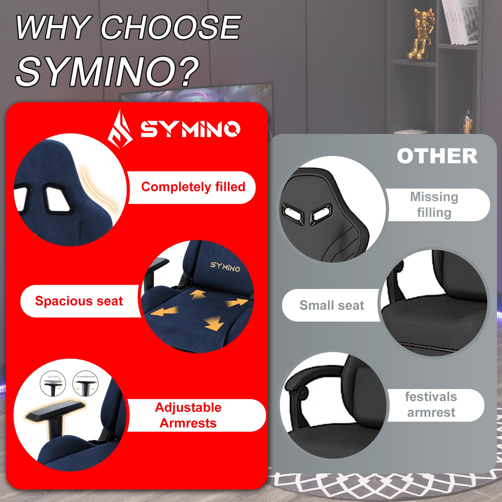 Symino Gaming Chair, Computer Chair with Footrest, Headrest and Lumbar Support, Ergonomic PC Chair, Height Adjustable Rotating Task Chairs, Blue