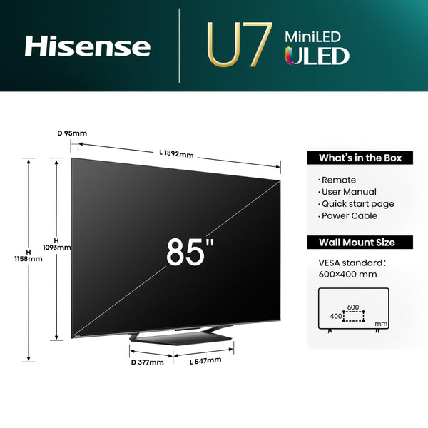 Hisense 55 Inch 4K Mini-LED TV 55U6NQTUK - Quantum Dot Colour, Dolby Vision Atmos, Hi-View Engine, FilmMaker Mode, Vidaa OS with Voice Control, Freely, Youtube, Netflix and Disney+ (2024 Model)