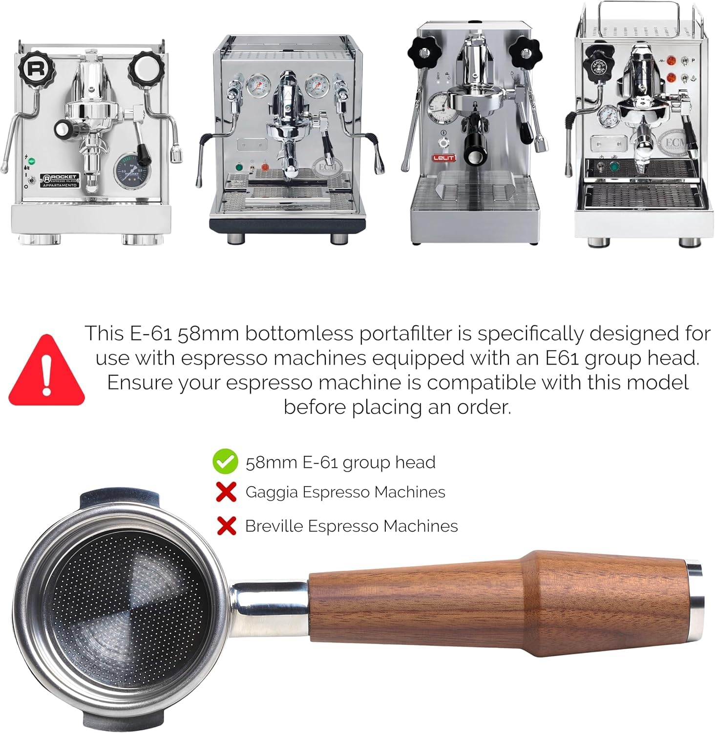 Knodos Bottomless Naked Portafilter with Double Shot Basket (Walnut, Fits E61 - Rocket/Lelit/Flair 58 etc.)