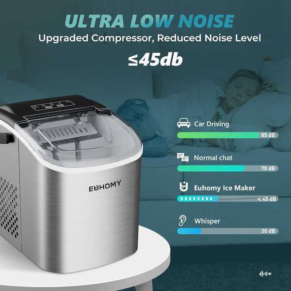 Ice Maker Machine Countertop Ice Cube Maker with Portable Handle, 9 Ice Cubes in 6 Mins, Self-Cleaning Compact Ice Maker 12 kg in 24 Hrs, with Ice Scoop and Basket for Home/Kitchen/Office/Bar