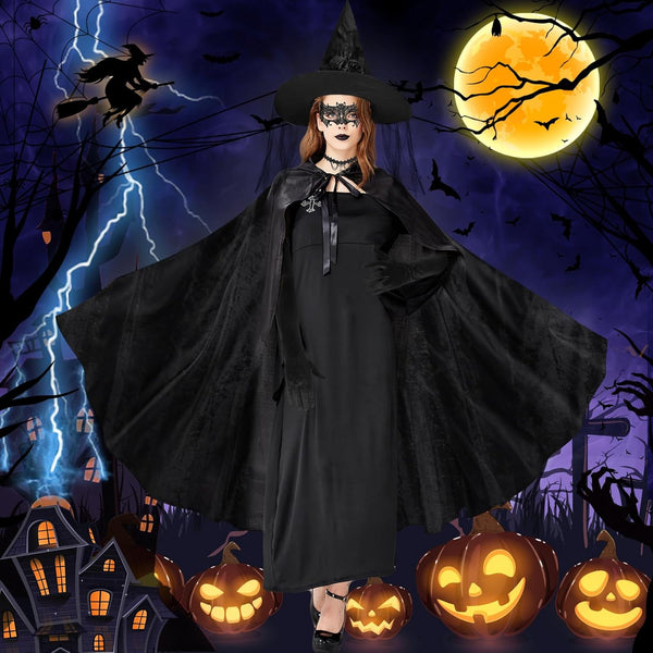 Beipegin Witches Costume Women Hooded Cape Witch Hat Lace Masks Gloves Halloween Costumes Witch Outfit Women Dress up Cosplay