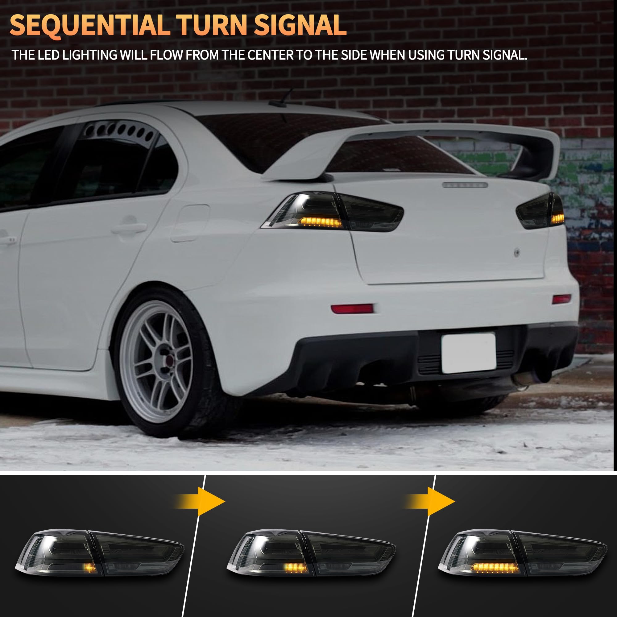 VLAND LED Rear Lights compatible with Lancer & EVO X 2008-2020 (Not Fit fortis/io), w/Sequential indicator, Driver & Passenger Side (Smoked dynamic 2)