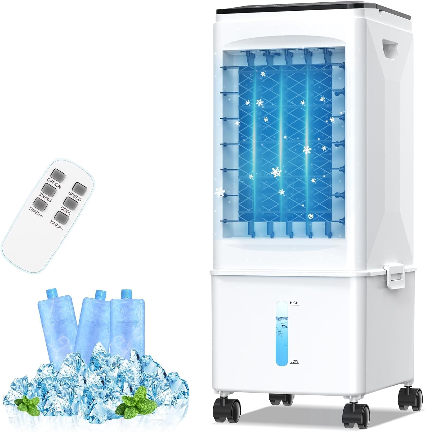 Bidiowe Mobile Air Conditioners, 9.5L AC Unit Tank 60W Evaporative Air Cooler Automatic Light Off 60°/120° Oscillation 3 Modes 7H Timer Remote Control 3 Ice Box Quiet Cooling Fan for Home, Office