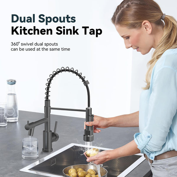 Warmiehomy 5 Modes Kitchen Taps Mixer with Pull Out Spray,High Arc 360° Swivel Dual Spout Pull Down Stainless Steel Kitchen Sink Taps,Brushed Nickel