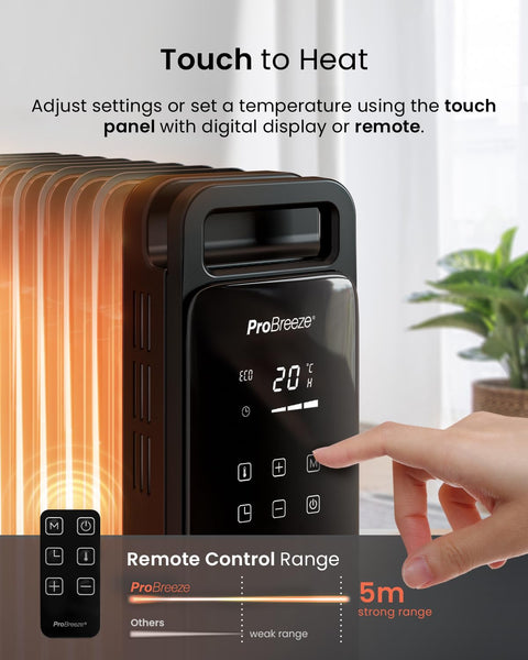 Pro Breeze Smart 2500W 11 Fin Oil Filled Radiator with Digital Display and WiFi Smart App, Thermostat, 24Hr Timer, 3 Heat Modes, Child Lock, Overheat & Tip-Over Protection Oil heater for Home - Black