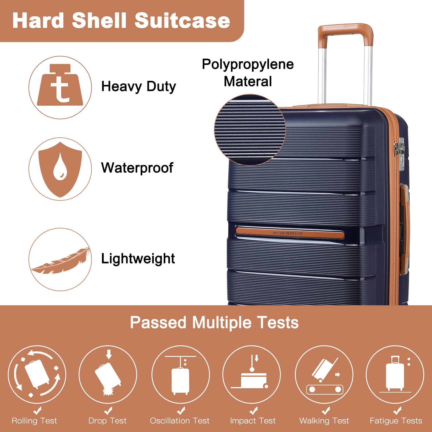 British Traveller 24" Medium Suitcase Lightweight Polypropylene Hard Shell Luggage Hold Check in Suitcase with 4 Wheels and Built-in TSA Lock(Navy, 66cm 60L)