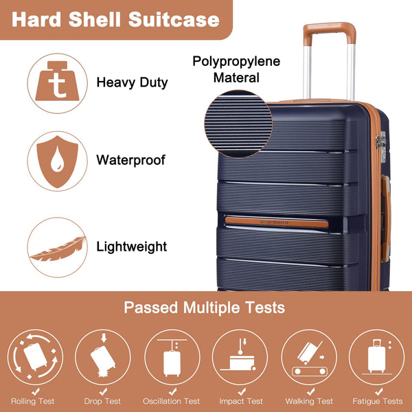 British Traveller 24" Medium Suitcase Lightweight Polypropylene Hard Shell Luggage Hold Check in Suitcase with 4 Wheels and Built-in TSA Lock(Navy, 66cm 60L)