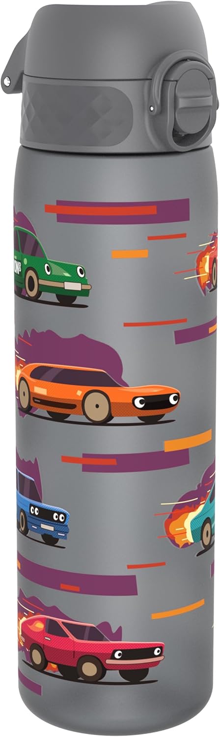 ION8 Water Bottle, 500ml/18oz, Slim Leak-proof & BPA-Free Drinking Bottle, Secure Lock Prevents Spills, Dishwasher Safe, Carry Handle, Ideal for Adults & Kids - Travel, Gym & School, Sport Cars Design