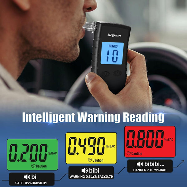 kungfuren Alcohol Breathalyzer Tester Digital Breathalyser - Breath Testers with 11Pcs Mouthpieces for Home Personal Testing - High Accuracy Breathalysers with Digital LCD Screen