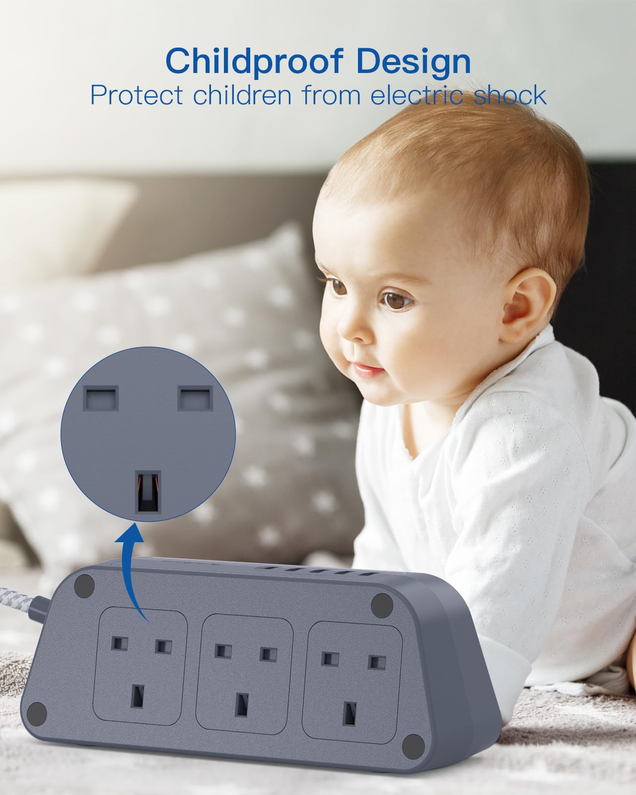 Black Extension Lead with USB Slots，6 Way Outlets 5 USB(5A, 1 USB- C and 4 USB-A Port) with 1.6M Braided Extension cord, 3250W Overload Protection，Security Surge Protection Plug Extension Socket