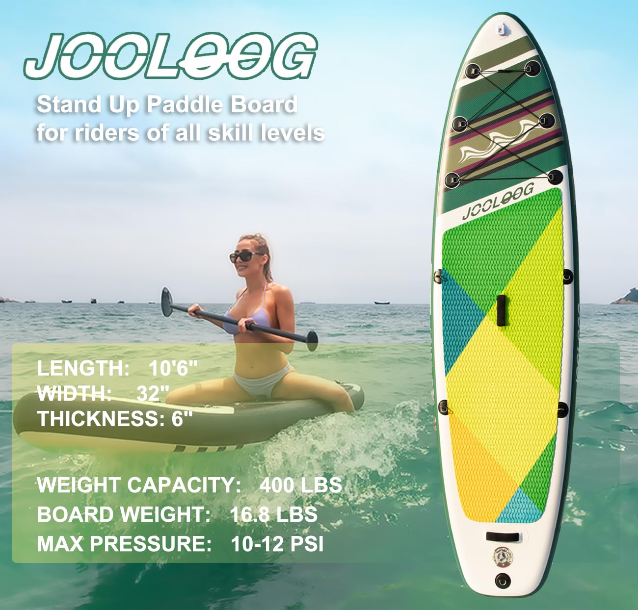JOOLOOG Stand Up paddle Board, 15 cm Thick Inflatable Paddleboard with Kayak Seat for All Skill Levels 320x81x15cm