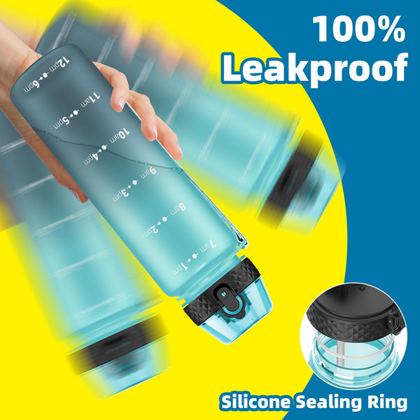 OLDLEY 1L/32oz Sports Water Bottle, 1000ml Motivational Drinks Bottle with Time Markings Leak Proof Drink & Lock Cover & No Straw, BPA Free for Adults Women Men Gym School Cycling Running Hiking