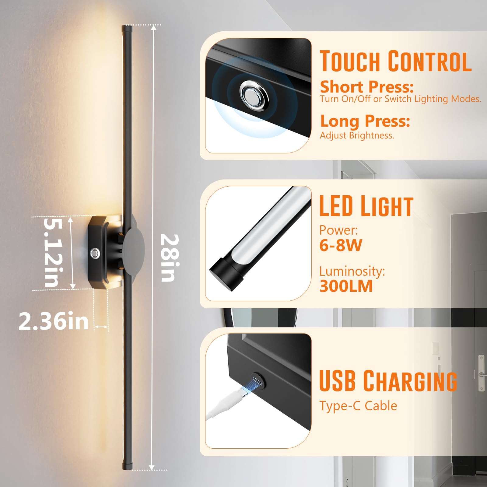 Battery Operated Wall Lights Indoor,USB Rechargeable LED Wall Lamps,with Remote Control,Dimmable Touch Wireless Black 72cm 350°Rotation Modern Wall Light for Living Room/Bedroom,2 Pack [Energy C]