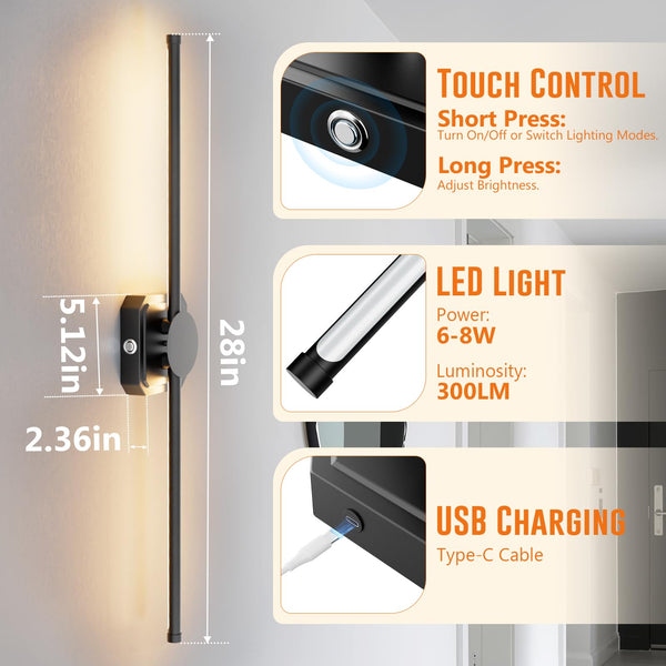 Battery Operated Wall Lights Indoor,USB Rechargeable LED Wall Lamps,with Remote Control,Dimmable Touch Wireless Black 72cm 350°Rotation Modern Wall Light for Living Room/Bedroom,2 Pack [Energy C]