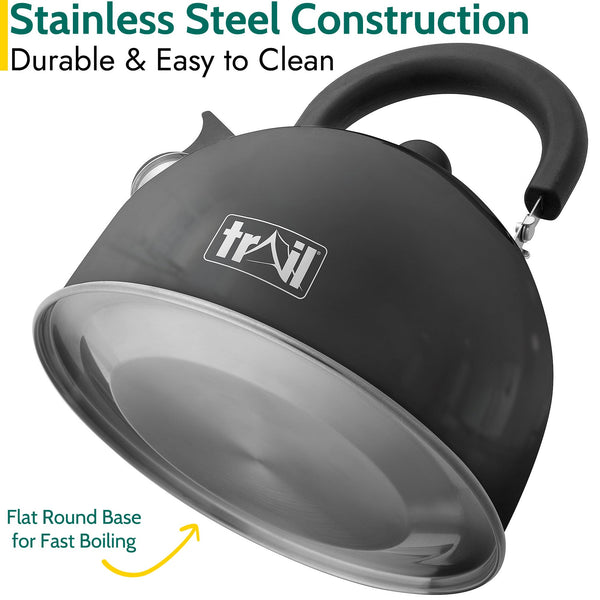 Trail 2L Whistling Camping Kettle, Polished Stainless Steel, Durable & Lightweight, Easy Pour Spout, Folding Heat Resistant Handle, Fast Boil Travel Kettle, Outdoor Fishing Hiking, 15cm x 18cm, 0.42kg
