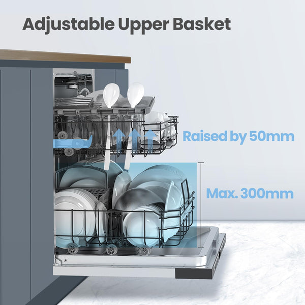COMFEE' Freestanding Dishwasher FD1435E-X with 14 place settings, Full Size, Whisper Quiet 44dB, Wide LED Display, Delay Start, Half Load Function, Flexible Racks, Stainless Steel