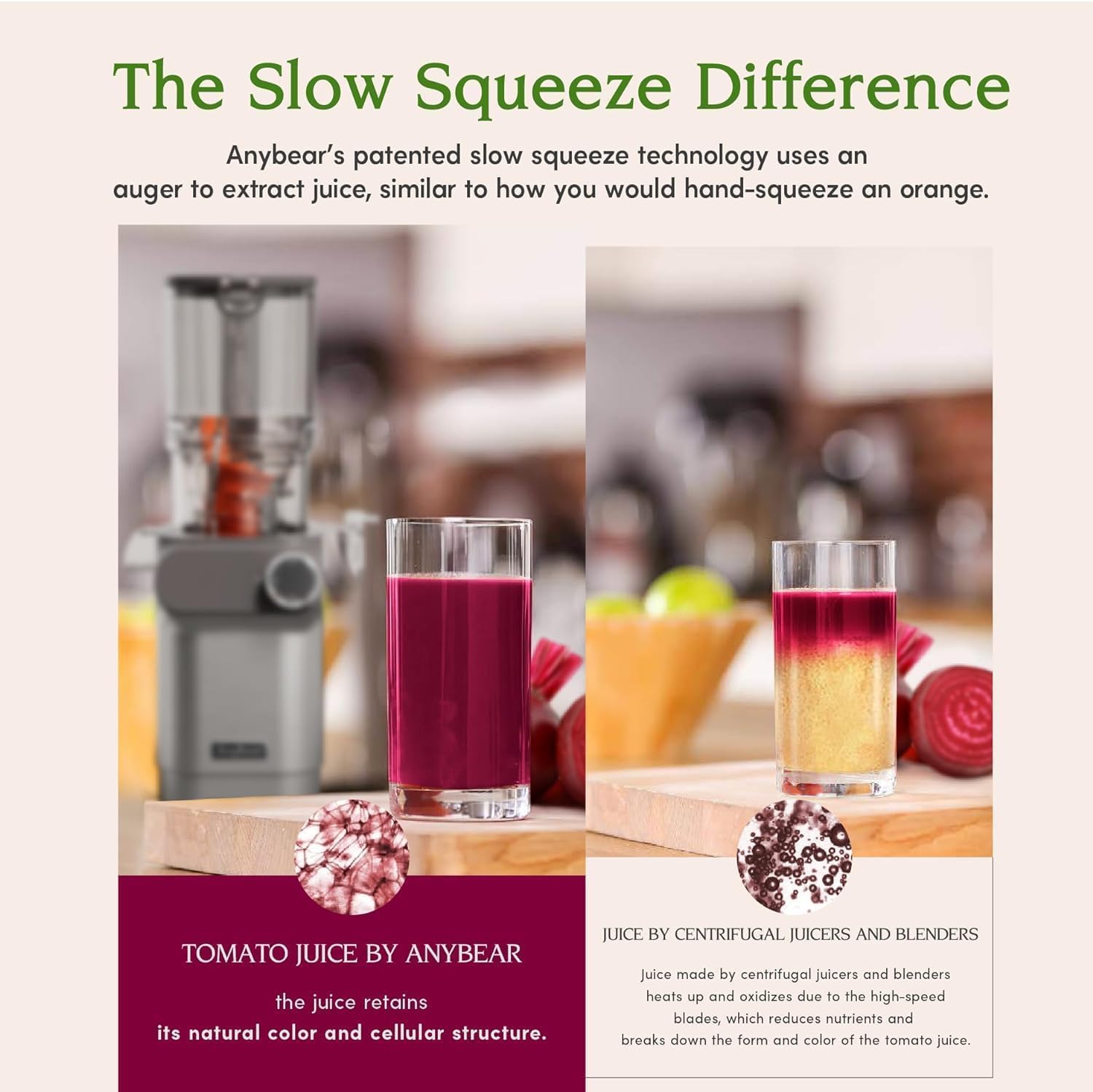 Anybear Cold Press Juicer, 200W Masticating Slow Juicer 4.3" Large Feed Chute Fit Whole Fruits Vegetables | Upgraded Auger | Tritan Materials | BPA Free | Juice Recipes (Silver)