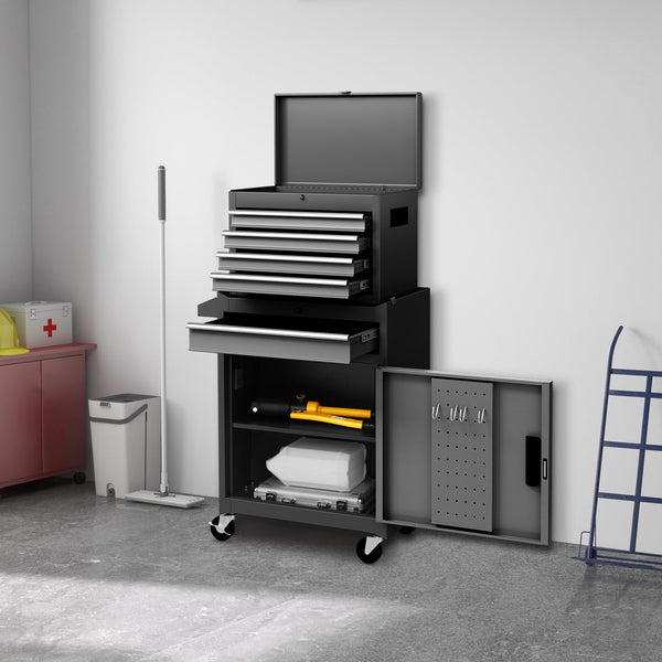 COSTWAY Large Rolling Tool Cabinet, 2-in-1 Detachable Metal Tool Chest with Drawers, Wheel, Handle, Hooks & Pegboard, Lockable Tool Box Trolley for Garage Workshop (with Middle Compartment, Black)