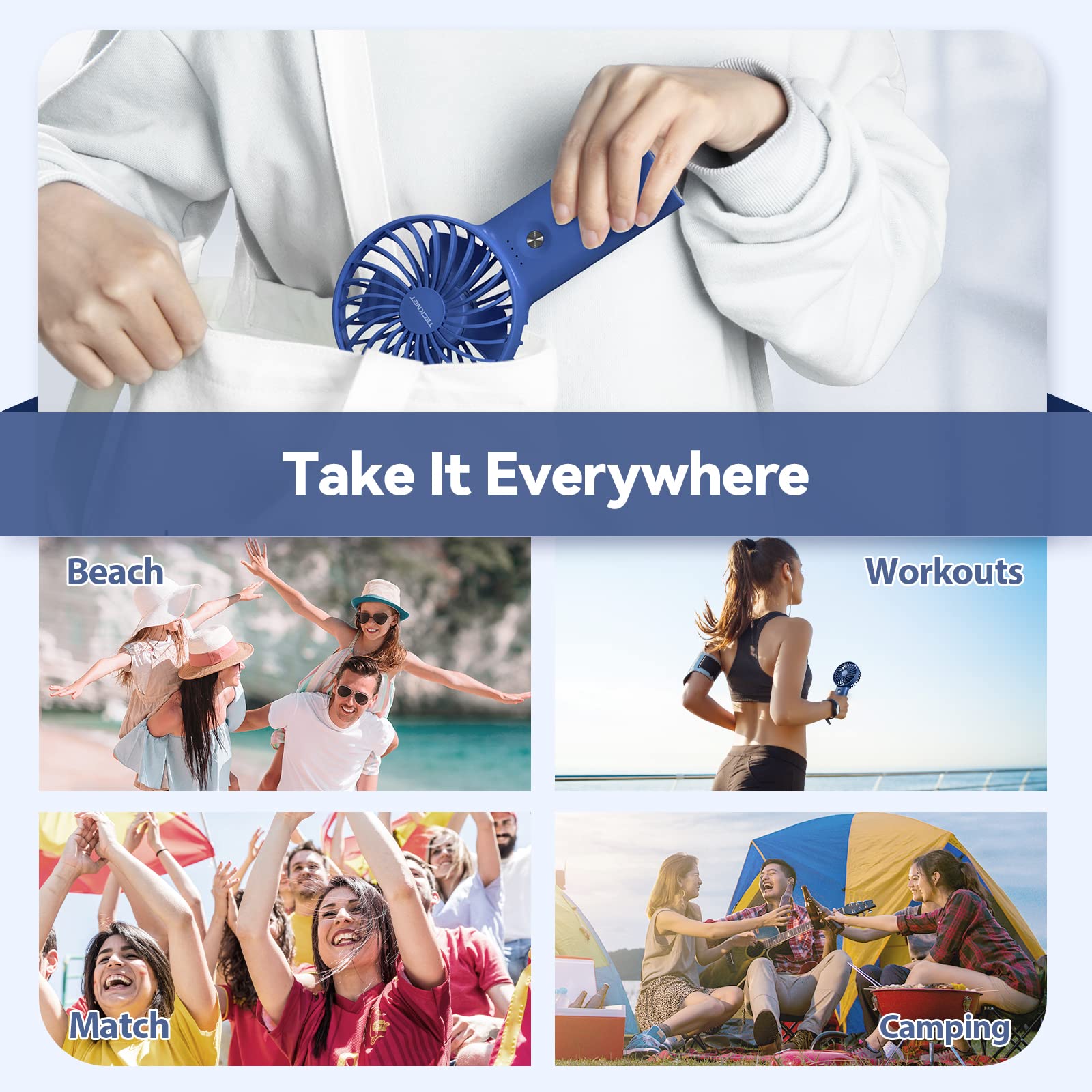 TECKNET Handheld Fan, Portable USB Hand Held Fans Rechargeable Mini with 7000mAh Power Bank, Mini Personal Electric Fan 3 Adjustable Speed Desk Fan for Home/Office/Travel (White)