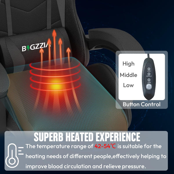 Gaming Chair, Ergonomic Gaming Chair with Heated Seat, Height Adjustable Reclining Video Game Chair with Headrest and Lumbar Support, Big and Tall Gaming Chair for Adults (Basics, Black/Grey)