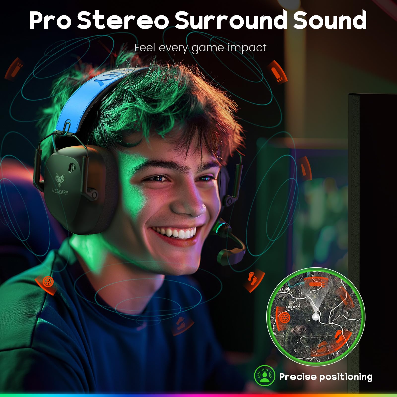 WESEARY Wireless Gaming Headset for PS5, PS4, Mac, Switch, Mobile, 2.4GHz Ultra-Low Latency Gaming Headphones with Crystal-Clear ENC Mic, Bluetooth Gaming Headset for PC, 3D Stereo