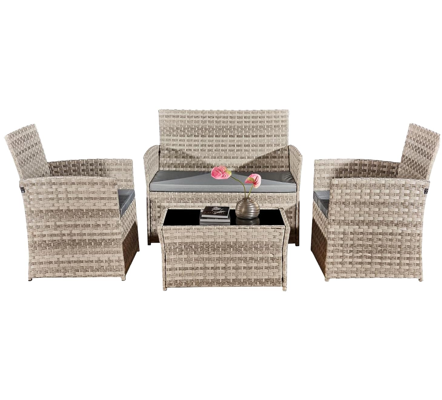 4 Piece Rattan Garden Furniture Sets, Patio Conservatory Set, Include Rattan loveset Sofa, Chair, Glass Coffee Table
