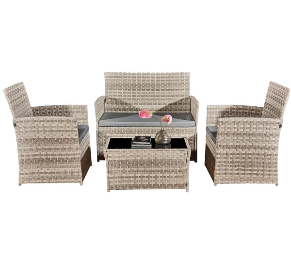 4 Piece Rattan Garden Furniture Sets, Patio Conservatory Set, Include Rattan loveset Sofa, Chair, Glass Coffee Table