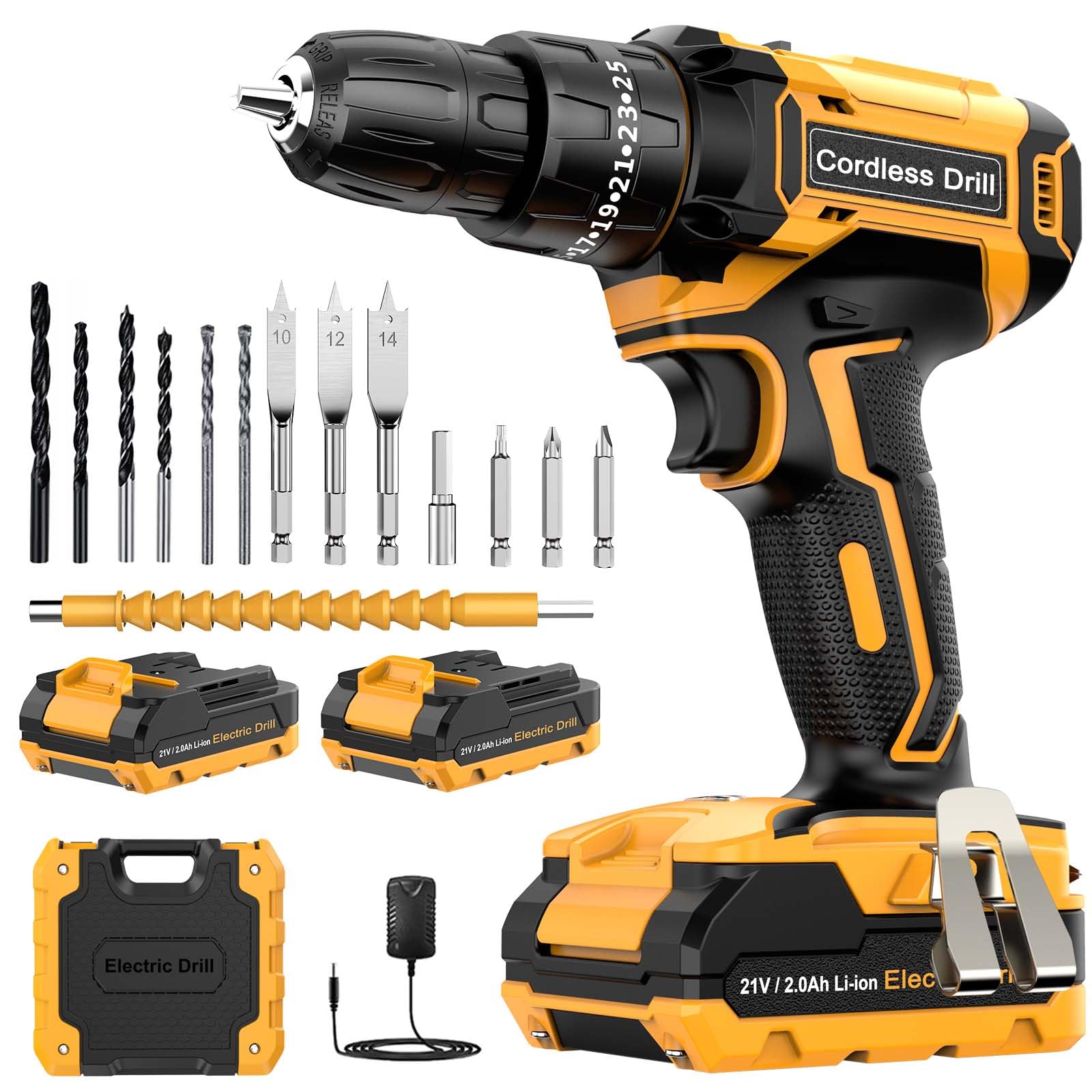 DYJPOW Brushless Cordless Hammer Drill Driver 21V, 2 Batteries 2000mAh, 20+3 Torque, 45N.m Max, 14PCS Drill Bits, 2 Speed, LED Light for Home, Garden DIY