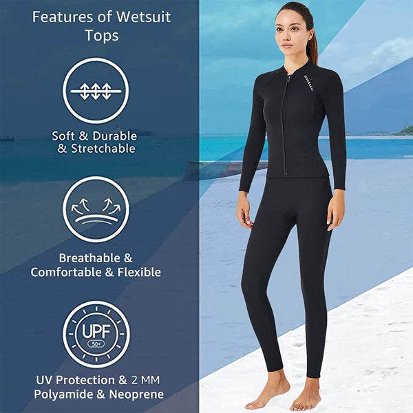 EUPTE 2mm Wetsuits Women/Men Long Sleeve Jacket UPF50+ UV Protection Diving Skin Suit Top for Scuba Diving Snorkeling Surfing Swimming (women, 2XL)