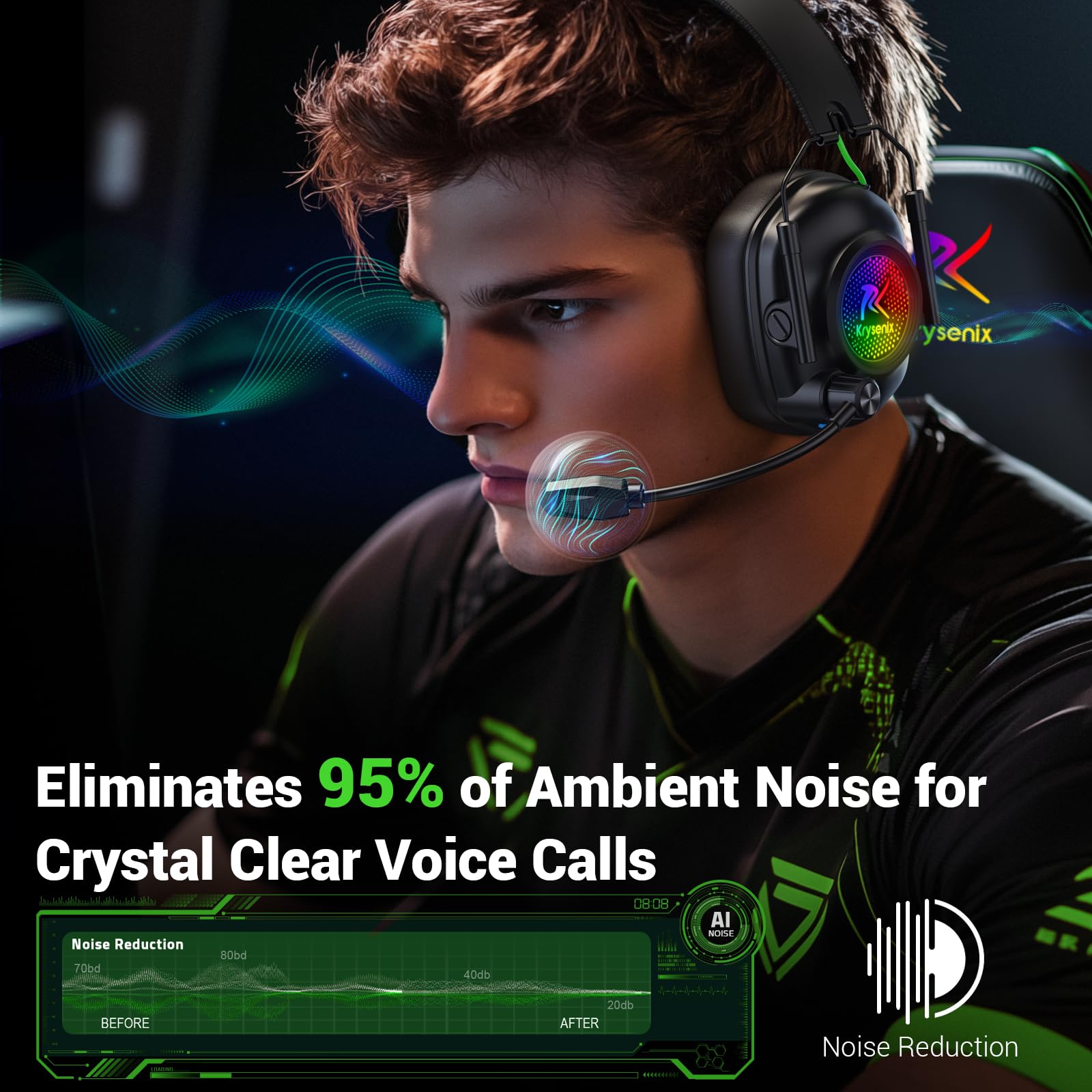 Krysenix KGH2 Wireless Gaming Headset for PS5, PS4, PC, Switch, 2.4GHz Bluetooth Wireless Headphones with Mic, Gaming & Music Dual Mode, ENC, Foldable, Cool LED, 40+ Hrs Battery, White Black