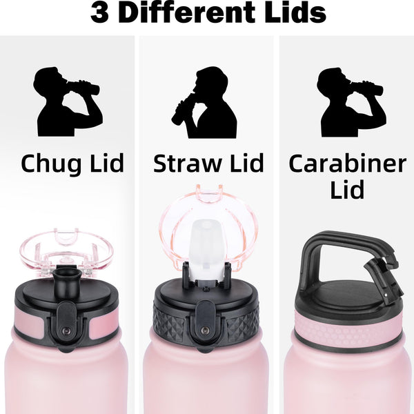 OLDLEY Stainless Steel Water Bottle with Straw 1L Vaccum Insulated Large Drink Flask Metal Water Bottles 1 Litre Leakproof Keep Drinks Hot Cold for Sports Gym with Different Lids(Purple Green, 3 Lids)