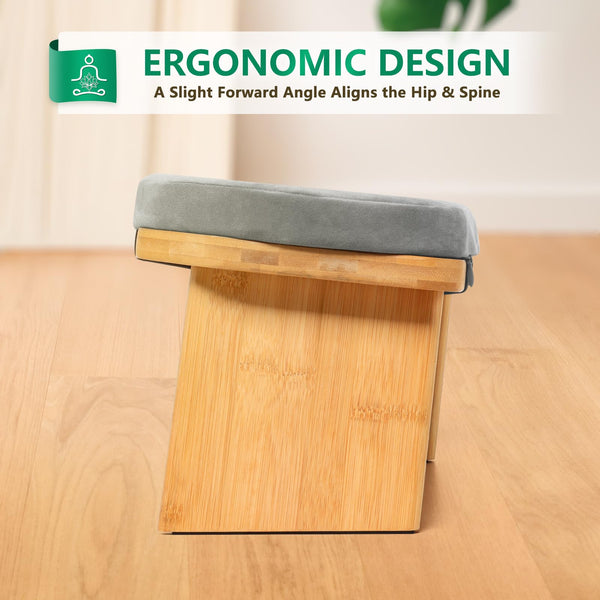Hihealer Meditation Bench Foldable Bamboo Ergonomic Meditation Stool with Comfortable Cushion, Kneeling or Sitting Perfect for Meditation & Prayer,