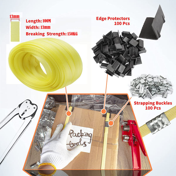 Complete Hand Pallet Packaging Strapping Kit with Tools, 200m PP Band, Metal Seals, and Edge Protectors for Secure Packing
