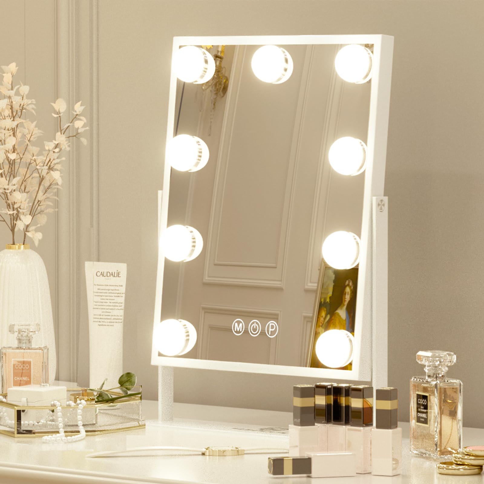 FENCHILIN Vanity Mirror with Lights Makeup Mirror with Lights 9 LED Bulbs Lighted Hollywood Mirror Light up Vanity Mirror 360 Rotation 3 Color