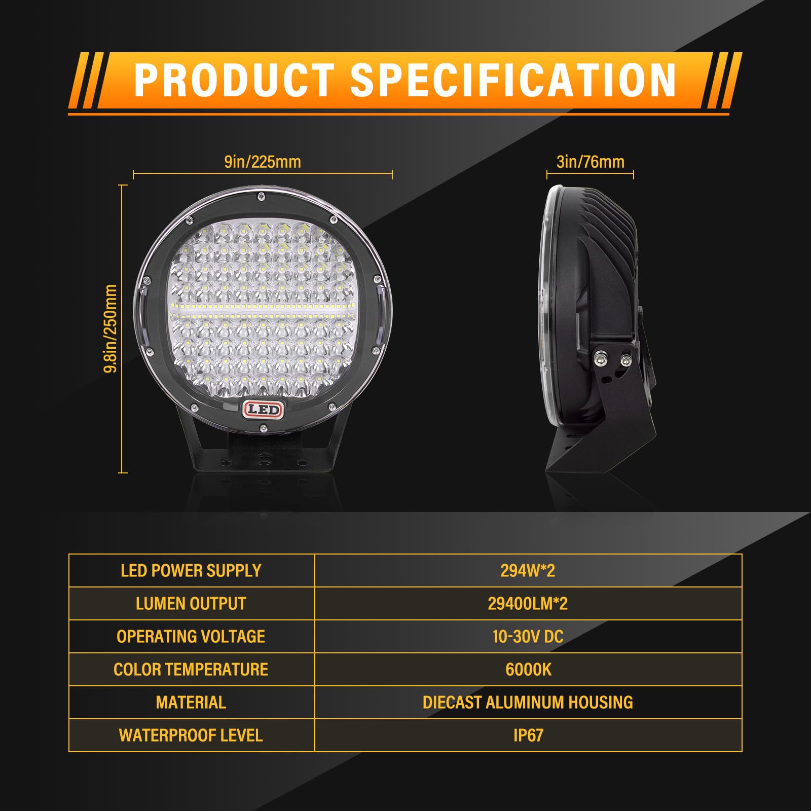 RIGIDON 2 Pcs Black Case Round Led Work Light, 9 inch 294W Spot Beam, 12V 24V Driving Lights Lamp Headlight for Car Off road Boat Truck 4x4 SUV ATV Tractors Excavator, 6000K White, Fog Lamp