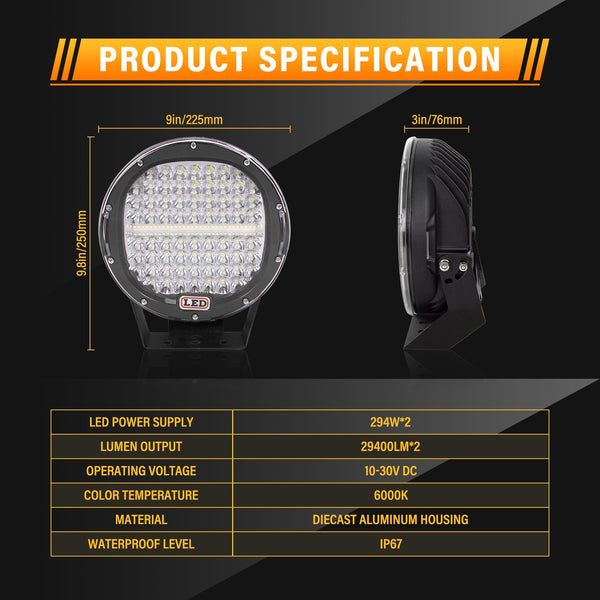 RIGIDON 2 Pcs Black Case Round Led Work Light, 9 inch 294W Spot Beam, 12V 24V Driving Lights Lamp Headlight for Car Off road Boat Truck 4x4 SUV ATV Tractors Excavator, 6000K White, Fog Lamp