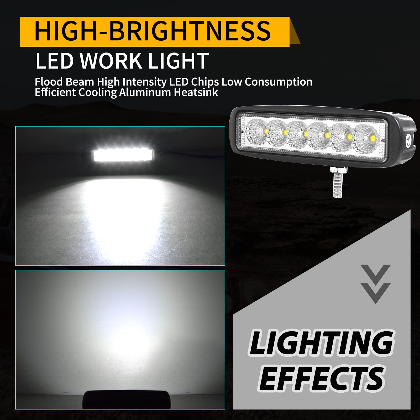 RIGIDON 2 Pcs Led Work Light Bar, 6 inch 18W Flood Beam, 12V 24V Driving Lights Lamp for Car Off road Boat Truck 4x4 SUV ATV Tractors Excavator, 6000K White, Fog Lamp