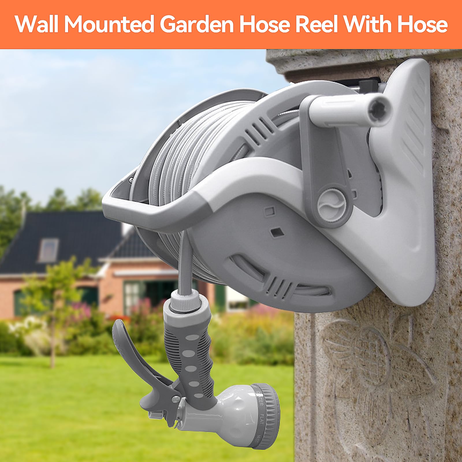 FLORA GUARD Garden Wall Mounted Hose Reel 20+2m, Heavy Duty Hose Reel Wall Mount, 9 Pattern Nozzle, Supplied with Nozzle, Fittings and Fixings