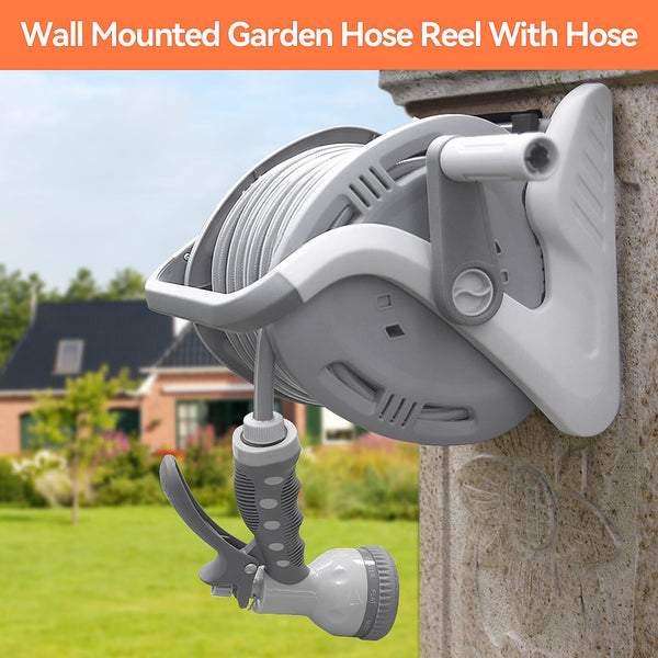 FLORA GUARD Garden Wall Mounted Hose Reel 20+2m, Heavy Duty Hose Reel Wall Mount, 9 Pattern Nozzle, Supplied with Nozzle, Fittings and Fixings