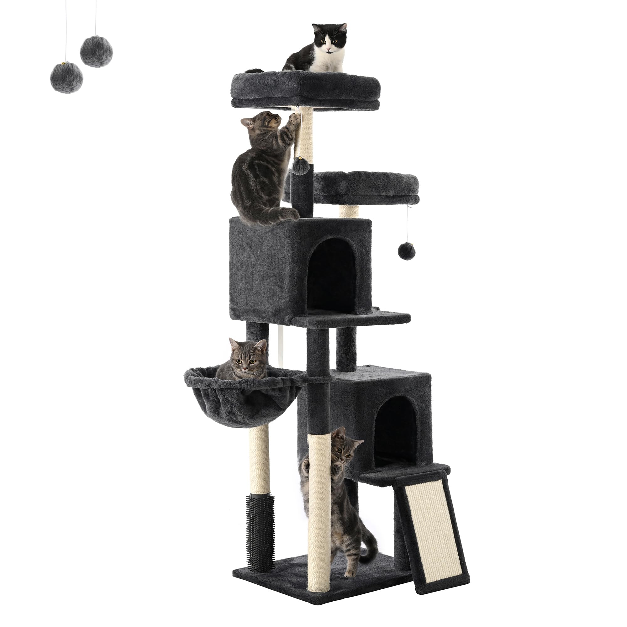 FourFurPets 156 cm Cat Scratching Post Kitty Tower Kitten Condo for Indoor Cats with Scratching Posts, Condos, Ladders, Soft Perches, Hanging Toy Cat