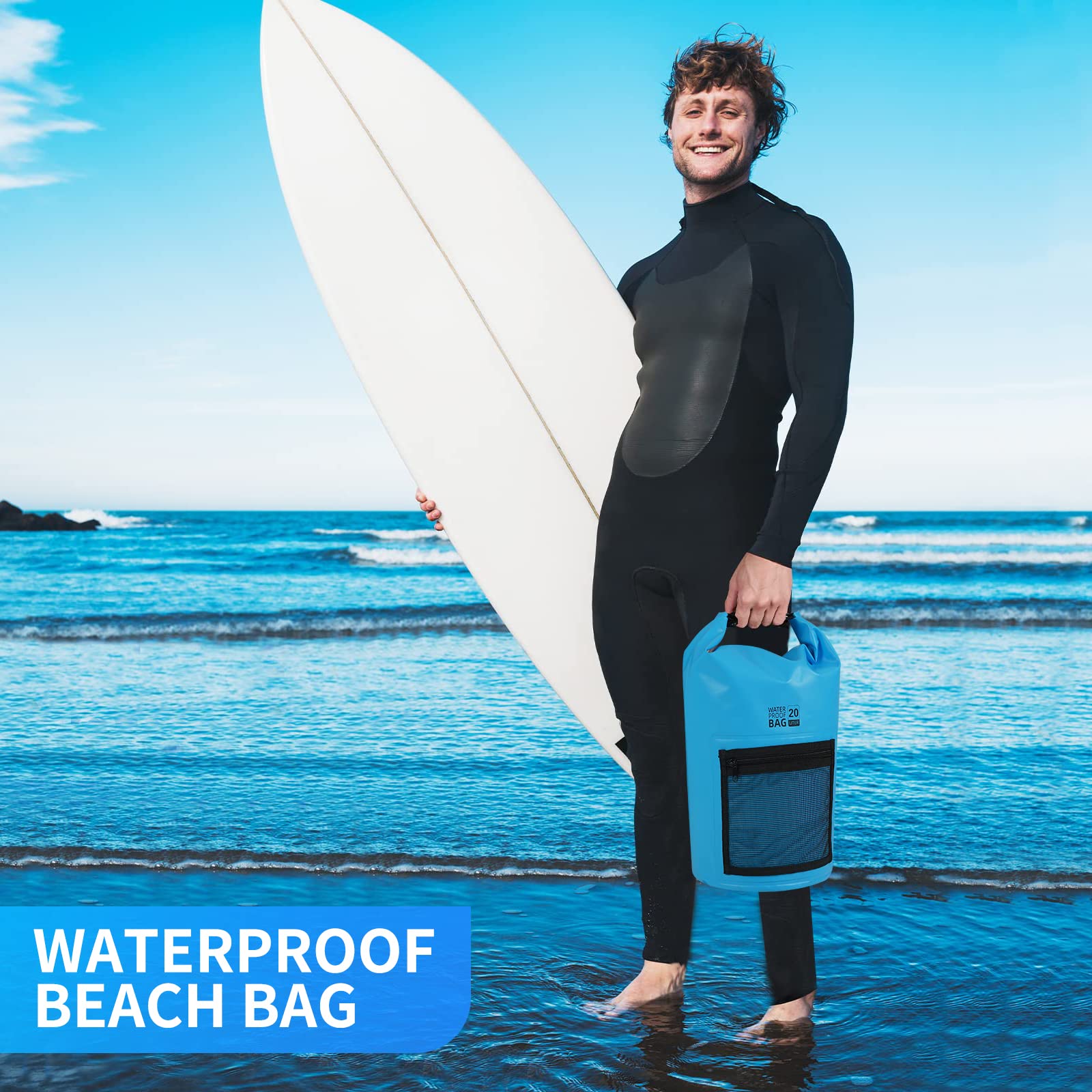 Bojury Waterproof Dry Bag Backpack 30L with Mesh Pocket Adjustable Strap - Roll Top Portable Dry Sack for Kayaking Boat Tour Canoe Swimming Snow Boarding-Blue Fishing Rafting