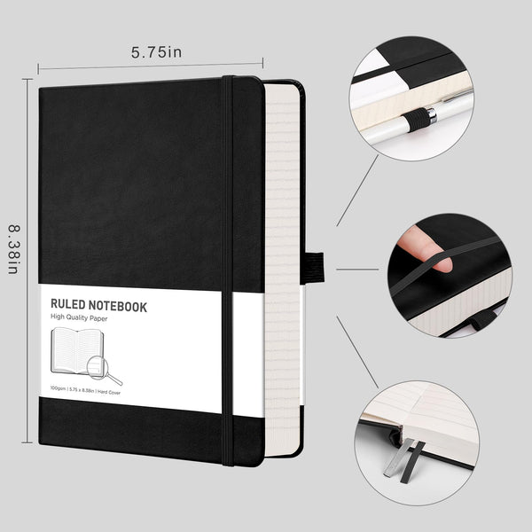 RETTACY Lined Journal Notebook - A5 Note Book Hardcover Thick Notepad 320 Numbered Pages for Writing,100gsm Lined Paper, Leather Hardcover, for Women Men Work Office School,14.5 x 21cm - Black