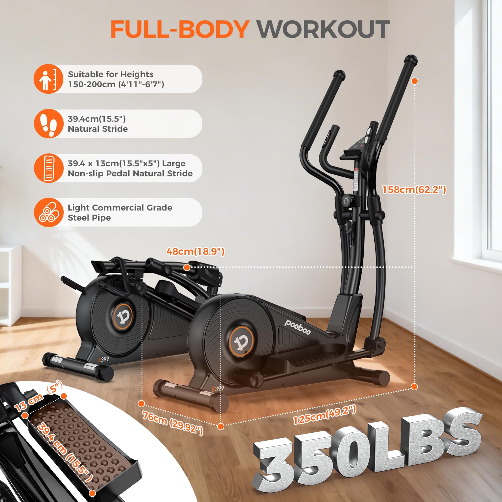 pooboo Elliptical Machine, Elliptical Exercise Machine with 16-Level Resistance&Hyper-Quiet Magnetic Driving System, Elliptical Machine for Home with LCD Monitor&15.5IN Stride, 350LBS Weight Capacity