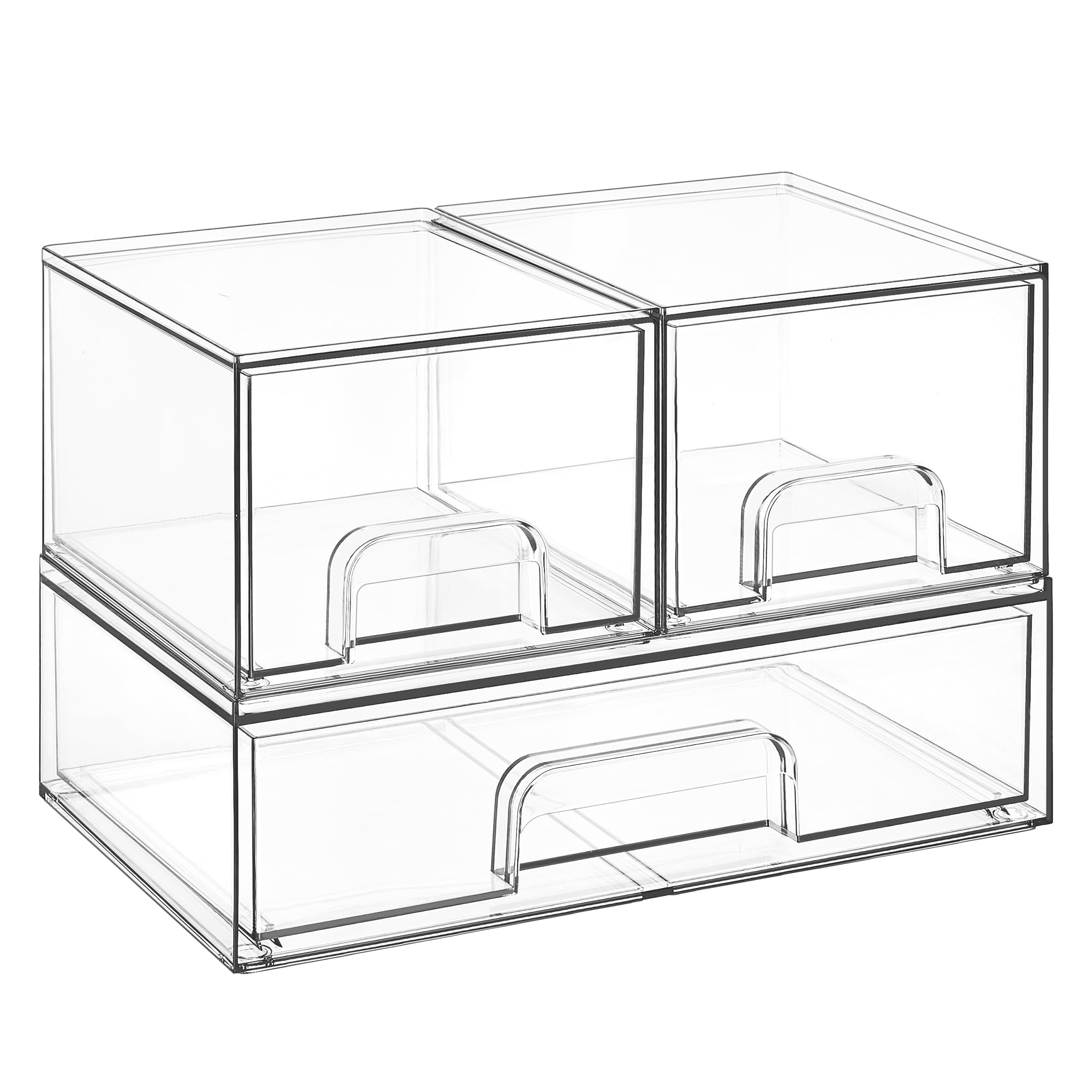Vtopmart 4 pack Clear Stackable Storage Drawer, 4.4 Inch Tall Acrylic Bathroom Makeup Organiser, Plastic Storage box for Vanity, Under Sink, Kitchen Cupboard, Pantry, Home Organization