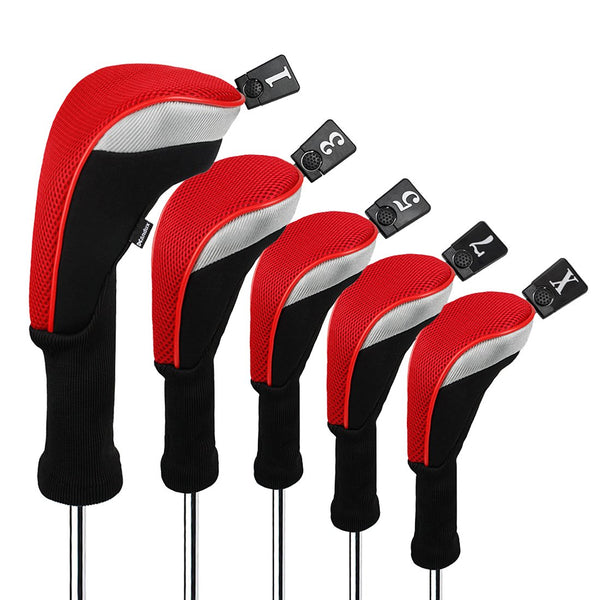 Andux 5pcs/Set Golf 460cc Driver Fairway Wood Club Head Covers Long Neck Black/Red