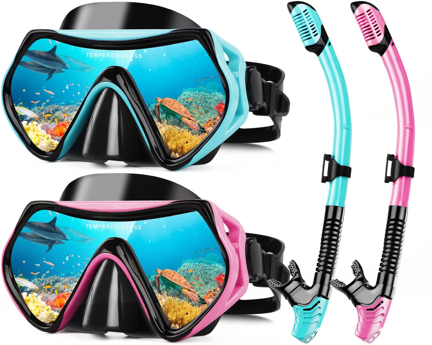 Hydomi Snorkel Set Adults 180° Panoramic Anti-Fog Snorkel Mask with Dry Top Valve, Leak-Proof Tempered Glass Diving Set for Swimming Snorkeling, Travel-Friendly Kit with Adjustable Straps