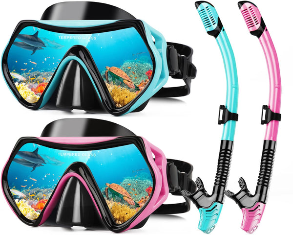 Hydomi Snorkel Set Adults 180° Panoramic Anti-Fog Snorkel Mask with Dry Top Valve, Leak-Proof Tempered Glass Diving Set for Swimming Snorkeling, Travel-Friendly Kit with Adjustable Straps