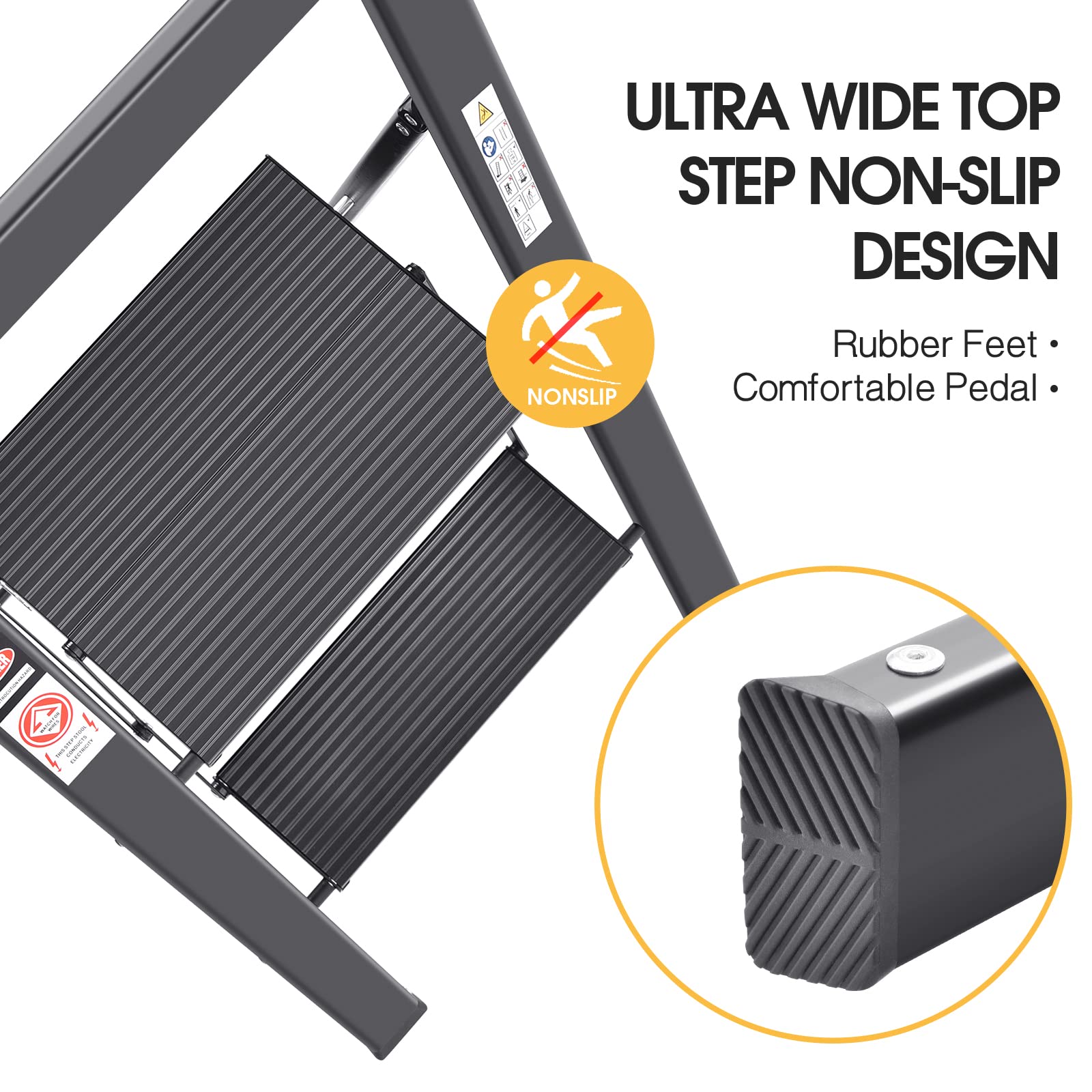 KINGRACK 2 Step Ladder with Handrail, Non-Slip Household Ladder with Folding Safety, Aluminium Folding Step Stool, Maximum Load 150 kg, Black
