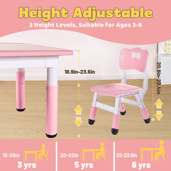 FUNLIO Kids Table and 2 Chairs Set, Height Adjustable Toddler Table and Chair Set for Ages 3-8, Easy to Wipe Arts & Crafts Table, for
