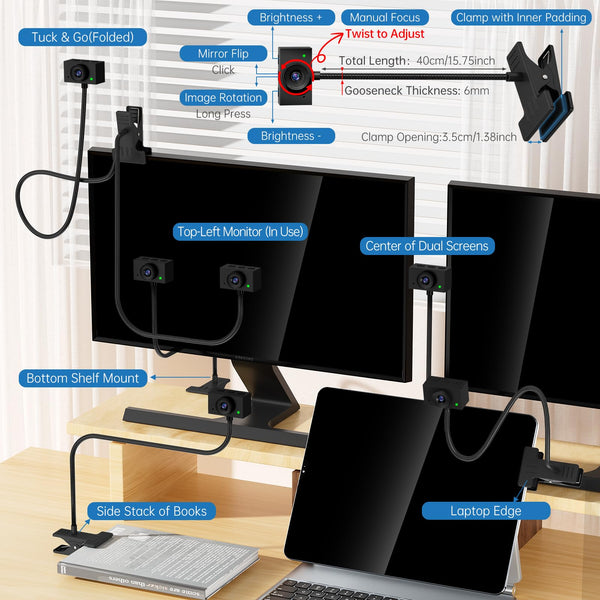 Danyesth Webcam for PC, Laptop Camera USB Webcam with Adjustable Gooseneck, Eye Contact 1080P Computer Camera for Presentation, Desktop Demo, Full-Body View, Video Call, Zoom, Teams, Skype (Black)